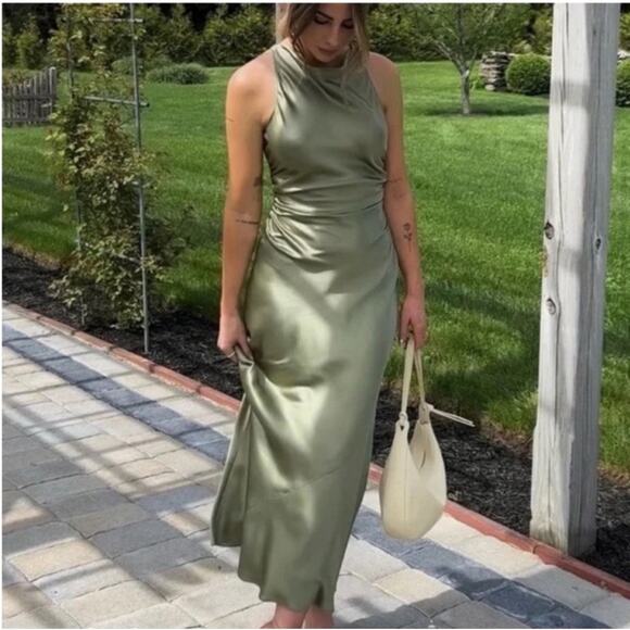 Reformation Casette Silk Dress in Artichoke 10 - Picture 6 of 10